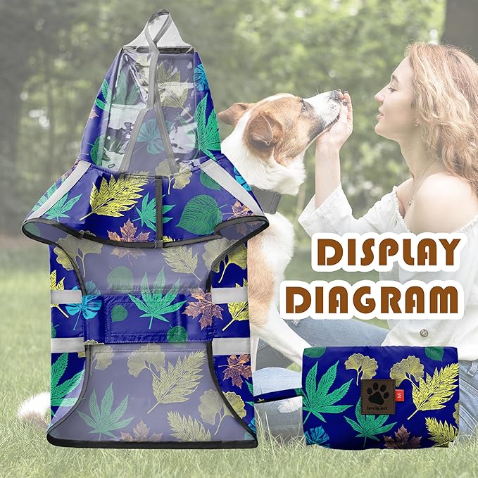 Dog Raincoat, Adjustable Rain Jacket with Hooded Double Layer for Large Medium Small Dogs Puppies, Lightweight Waterproof Rain Coat Poncho with Reflective Stripe Leaf Blue,L