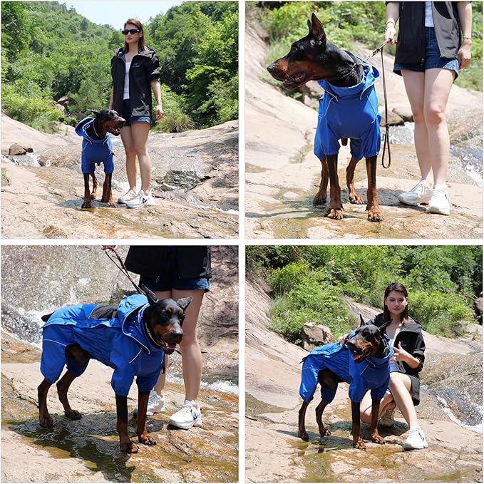 LOVELONGLONG Waterproof Dog Raincoat with Removable Hood – Outdoor Full Body Dog Jacket, Windproof Snowproof Shell Suit – All Season Pet Rain Gear Blue M