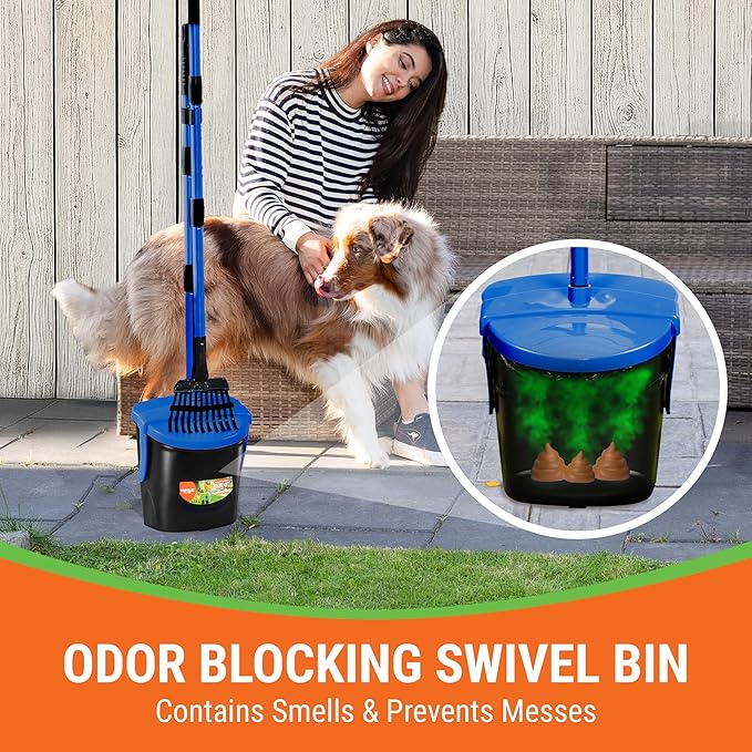 Pupzle Dog Pooper Scooper with Bag Attachment, 40" Long Handle Pooper Scooper for Large Dogs, Dog Poop Scoop for Yard, Large Capacity Swivel Bin and Rake, Lavender Scented Bags (Blue)