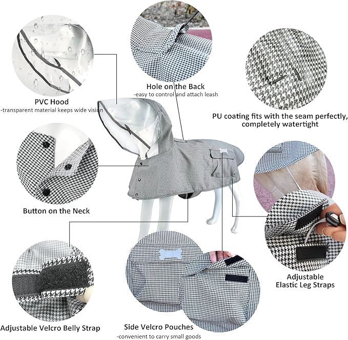 Waterproof Dog Raincoat, Adjustable Reflective Lightweight Pet Rain Clothes with Poncho Hood(X-Small,Black&White)