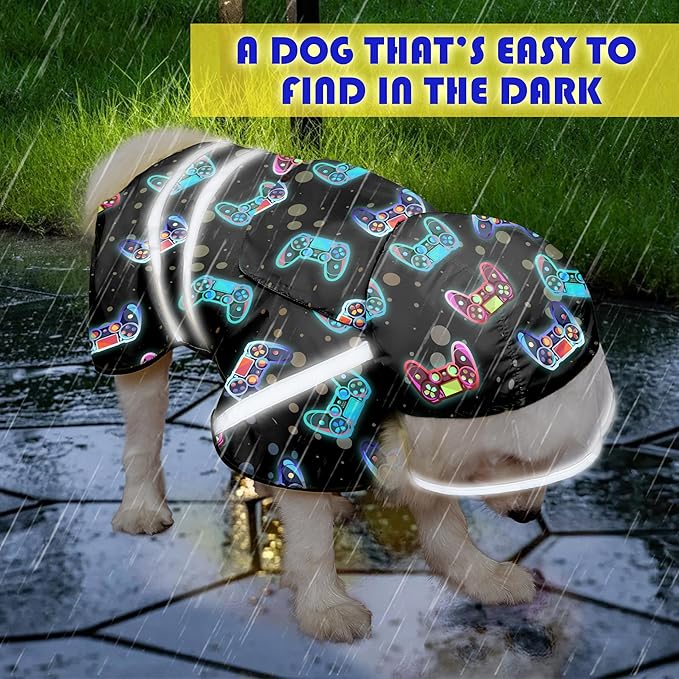 Dog Raincoat, Adjustable Rain Jacket with Hooded Double Layer for Large Medium Small Dogs Puppies, Lightweight Waterproof Rain Coat Poncho with Reflective Stripe Game Controller Black,S