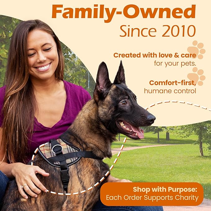 Bark Appeal Tan Plaid No-Pull Dog Harness for Extra Small Sized Pets – Adjustable, Reflective Vest with 3 Leash Clips for Added Control, Easy Walks & Training – XS