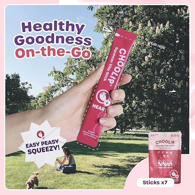 Choolip Squeeze Vita Stick Lickable Cat & Dog Treats – 14 Sticks (2×7 Value Bundle) Heart Support, Creamy Grain-Free Puree with Omega 3, Taurine, L-Carnitine & CoQ10 for Cardiovascular Health & Energy