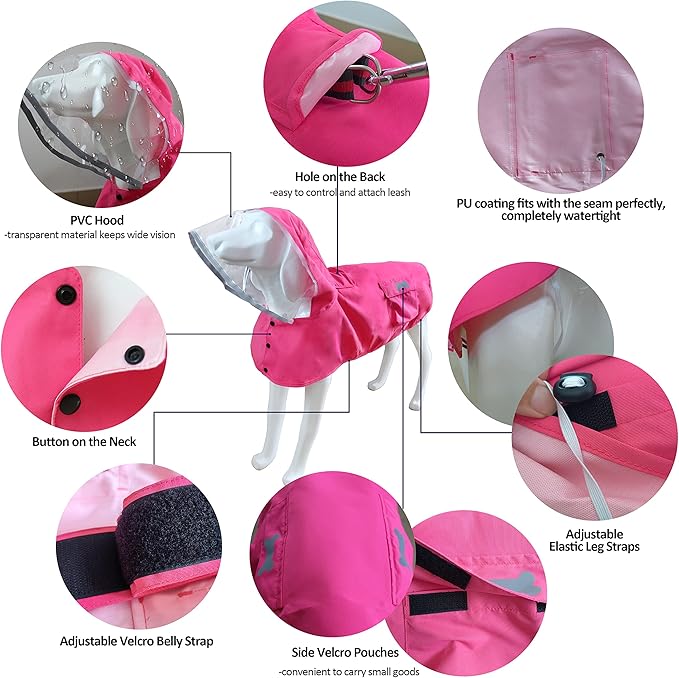 Waterproof Dog Raincoat, Adjustable Reflective Lightweight Pet Rain Clothes with Poncho Hood (X-Large, Dark Pink)
