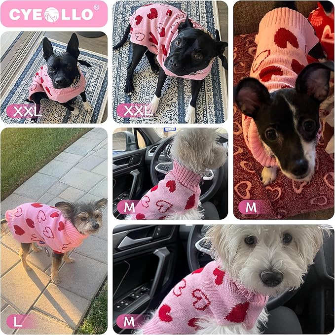 cyeollo Small Dog Valentines Sweater Heart Pattern Dog Clothes with Leash Hole Pullover Turtleneck Holiday Pet Apparel Pink