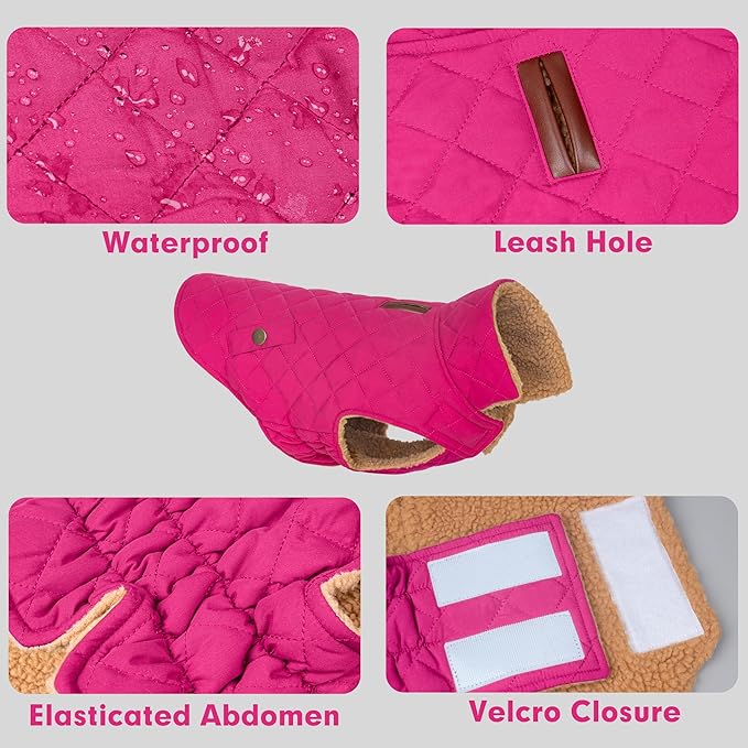 azuza Dog Jacket Waterproof & Windproof Dog Coat for Small Dogs with Thick Fleece, High Collar with Leash Hole, Adjustable Velcro & Elastic Belly, Rose Red M