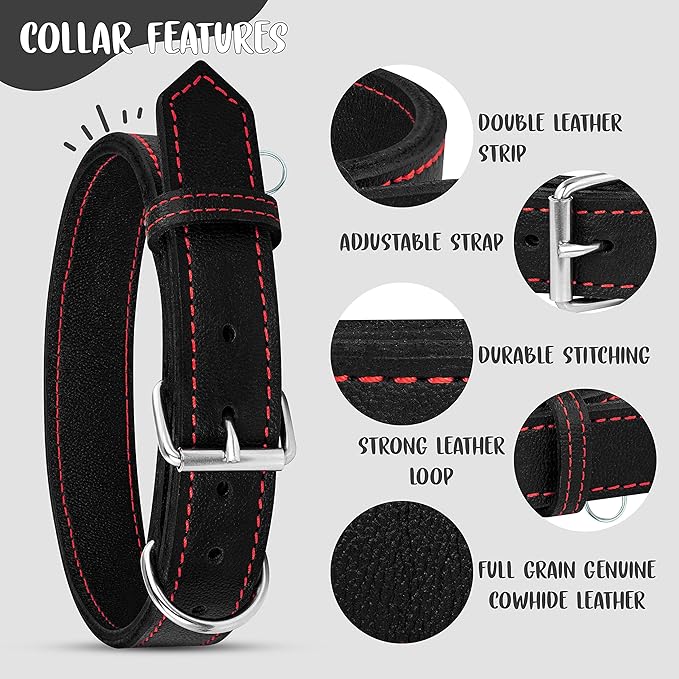 Riparo Dog Collar - Genuine Leather Dog Collars - Heavy Duty Dog Collars for Medium Large and Extra Large Dog Breeds (M: 1” Wide for 14” - 18” Neck, Black/Red Thread)