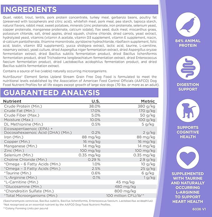 NutriSource Element Series Upland Stream Dry Dog Food, Quail, Rabbit & Trout, 24LB
