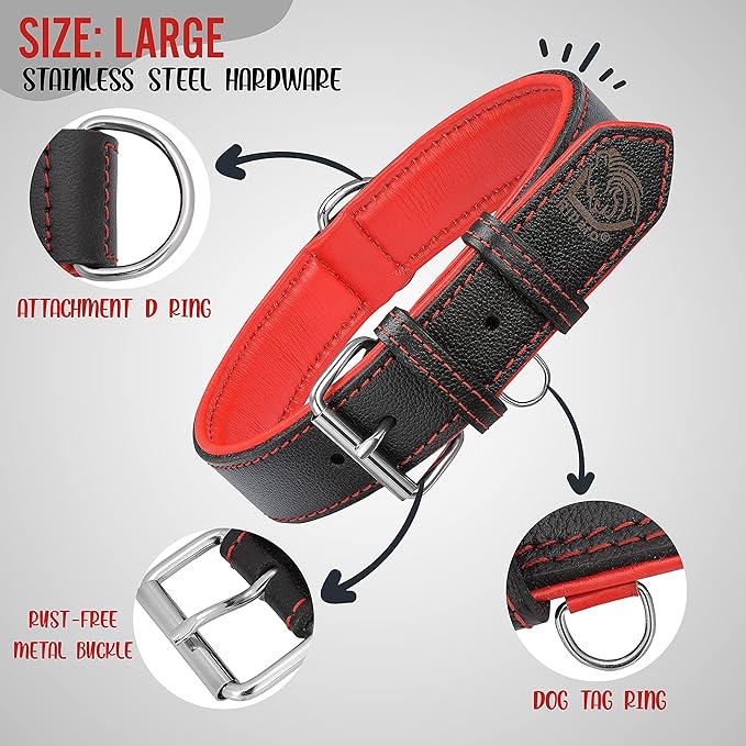 Riparo Adjustable Leather Dog Collar - Heavy Duty Wide Dog Collar for Small, Medium, Large and Extra Large Dogs with Dog Tag Holder (L: 1.5" Wide for 17"-21" Neck, Black/Red Thread)