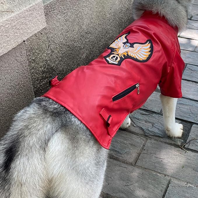 Lovelonglong Cool Dog Leather Jacket, Warm Coats Dogs Windproof Cold Weather Coats for Large Medium Small Dogs with Eagle Embroidery Red L-S