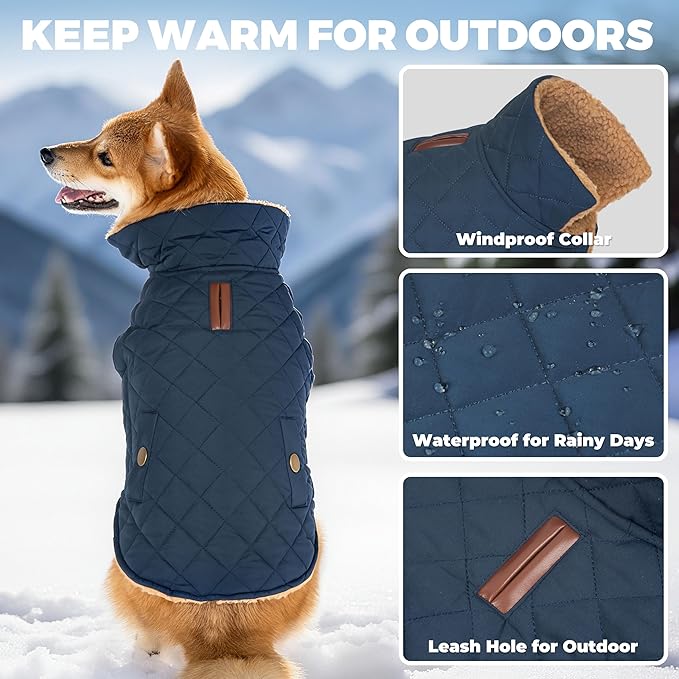 Dog Coat, Warm Soft Dog Winter Coats for Small Dogs, Waterproof Windproof Dogs Adjustable Jacket with Fleece Lined Turtleneck Doggy Snowsuit with Leash Hole, Navy Large