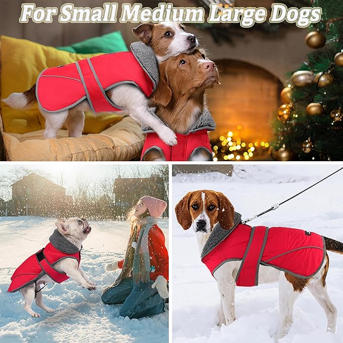 Dogcheer Dog Coat, Waterproof Dog Jacket Reflective Pet Winter Coat with Adjustable Hook & Loop, Christmas Puppy Fleece Jacket Warm Turtleneck Snowsuit for Small Medium Large Dogs - Red, 3XL