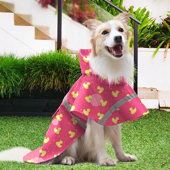 NACOCO Large Dog Raincoat Adjustable - Pet Rubber Ducks Yellow Water Proof Clothes Lightweight Rain Jacket Poncho Hoodies with Strip Reflective Pink (Pink M, Yellow Duck)