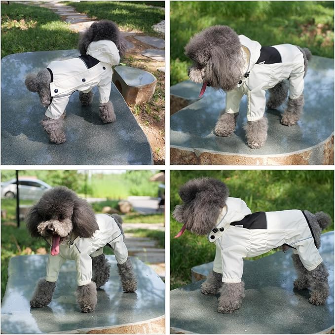 LOVELONGLONG Waterproof Dog Raincoat with Removable Hood – Outdoor Full Body Dog Jacket, Windproof Snowproof Shell Suit – All Season Pet Rain Gear Ivory XS