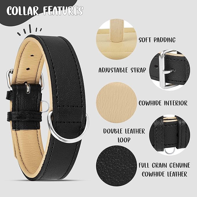 Riparo Genuine Leather Padded Dog Heavy Duty K-9 Adjustable Collar (XXL: 2” Wide for 24”-29” Neck, Black)