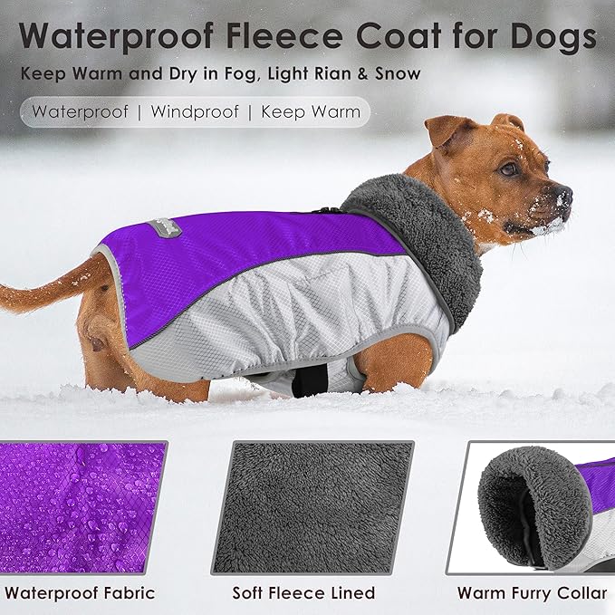 Dog Coat, Waterproof Ripstop Dog Winter Jacket with Leash Hole, Reflective Adjustable Warm Pet Fleece Snow Sweater for Small Medium Large Dogs - Purple, M