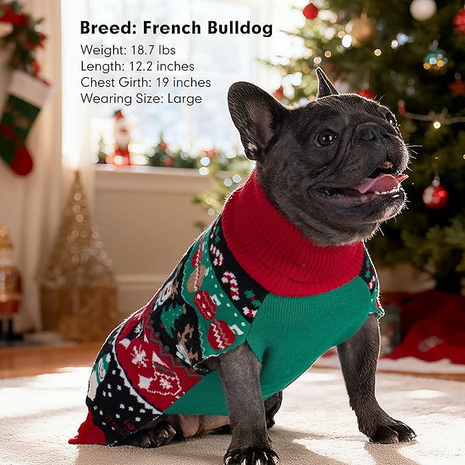cyeollo Dog Christmas Sweater, Turtleneck Knitted Sweaters with Leash Hole Soft Pullover Clothes, Warm Dog Outfit Xmas Clothes for Small Dog & Cat, S
