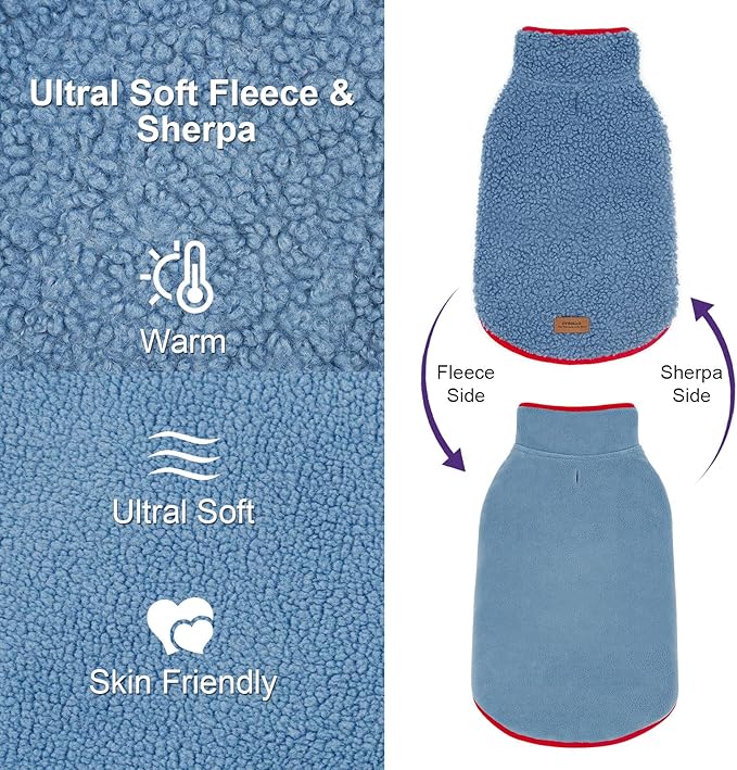 cyeollo Dog Coat Reversible Dog Jacket Winter Sherpa Dogs Sweater Clothes for Cold Weather Fleece Warm Pet Coats for Medium Dogs, Blue 2XL