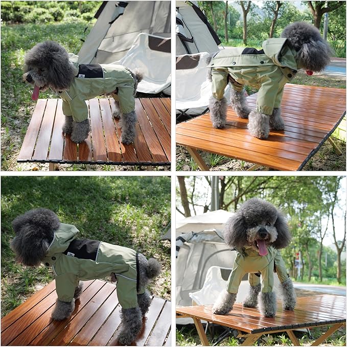 LOVELONGLONG Fleece-Lined Dog Raincoat with Removable Hood – Waterproof Winter Full Body Dog Jacket – Windproof Snowproof Cold-Weather Suit – Green-F S