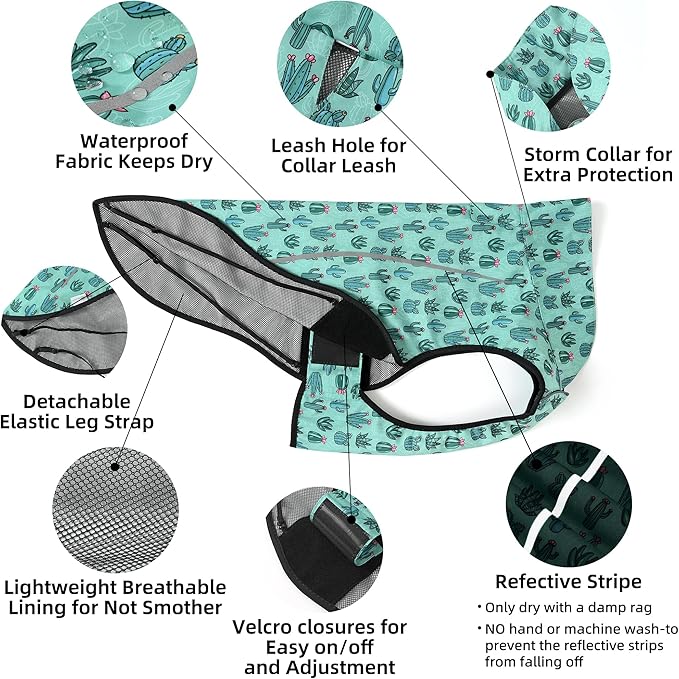 Mile High Life Dog Raincoat, Adjustable Waterproof Reflective Rain Jacket for Small Medium Large Dogs, Lightweight Breathable Pet Rain Coat with Leash Hole(Green Cactus,S Chest 22-25")