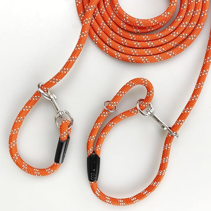 Long Rope Dog Leash for Dog Training 12FT 20FT 30FT 50FT, Reflective Threads Dog Cat Leashes Tie-Out Check Cord Recall Training Agility Lead for Large Medium Small Dogs (Orange, 10mm*12ft)