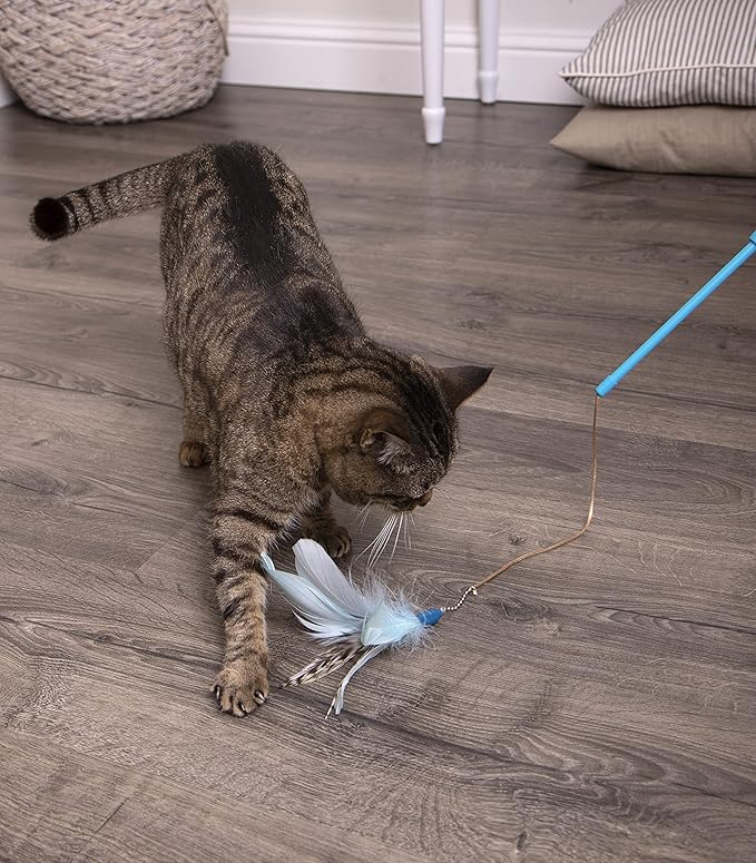 SmartyKat Frisky Flyer Feather Wand Cat Toy, Extendable Up to 24" - Blue, One Size