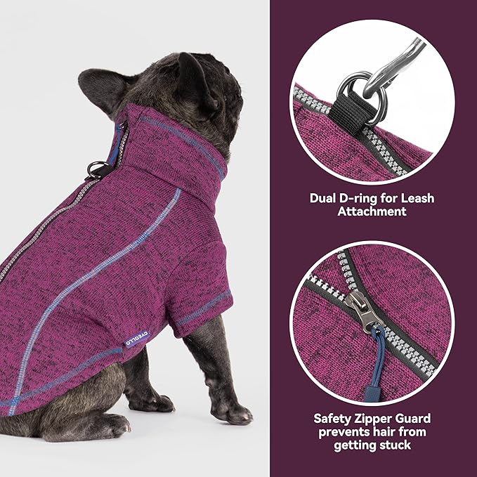 cyeollo Warm Dog Sweater with Zipper, Doggy Reflective Highneck Jackets with D Ring Step in Dog Winter Coats Fleece Female Stretchy Dogs Sweaters Pet Clothes for Small Dogs, Purple S