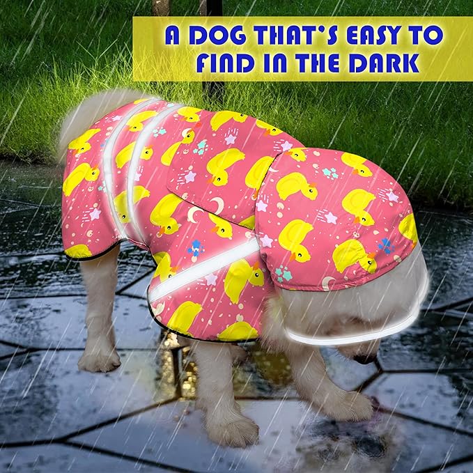 Dog Raincoat, Adjustable Rain Jacket with Hooded Double Layer for Large Medium Small Dogs Puppies, Lightweight Waterproof Rain Coat Poncho with Reflective Stripe Duck Pink,XL