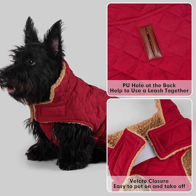 azuza Dog Jacket Waterproof & Windproof Dog Coat for Small Dogs with Thick Fleece, High Collar with Leash Hole, Adjustable Velcro & Elastic Belly, Red XL