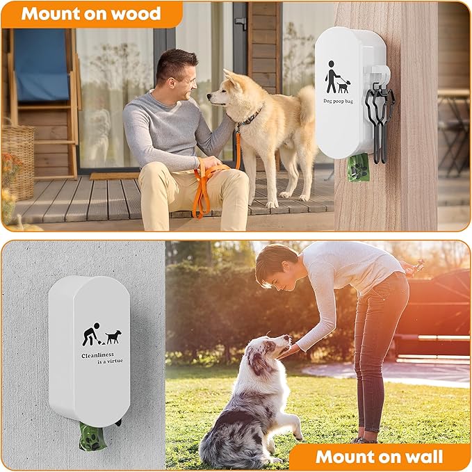 Dog Poop Bag Dispenser Wall Mount with 2Pcs Holders and 8 Rolls of Waste Bag,Magnetic Door Closure,Metal, Corrosion-resistant,High capacity,Suitable for Outdoor, Indoor, Raising Puppies,White