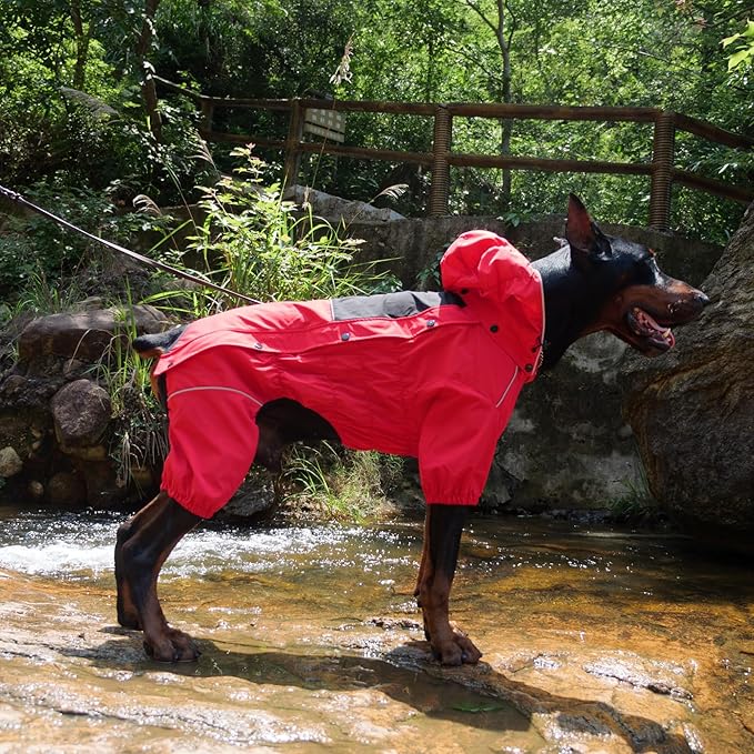 LOVELONGLONG Waterproof Dog Raincoat with Removable Hood – Outdoor Full Body Dog Jacket, Windproof Snowproof Shell Suit – All Season Pet Rain Gear Red 4XL
