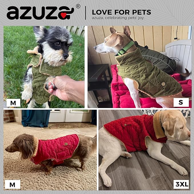 azuza Dog Jacket Waterproof & Windproof Dog Coat for Small Dogs with Thick Fleece, High Collar with Leash Hole, Adjustable Velcro & Elastic Belly, Army Green, S