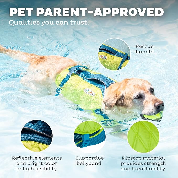 Outward Hound Standley Sport Dog Life Jacket, High-Performance Ripstop Dog Life Vest for Swimming, Boating, and Water Safety, XL, Green