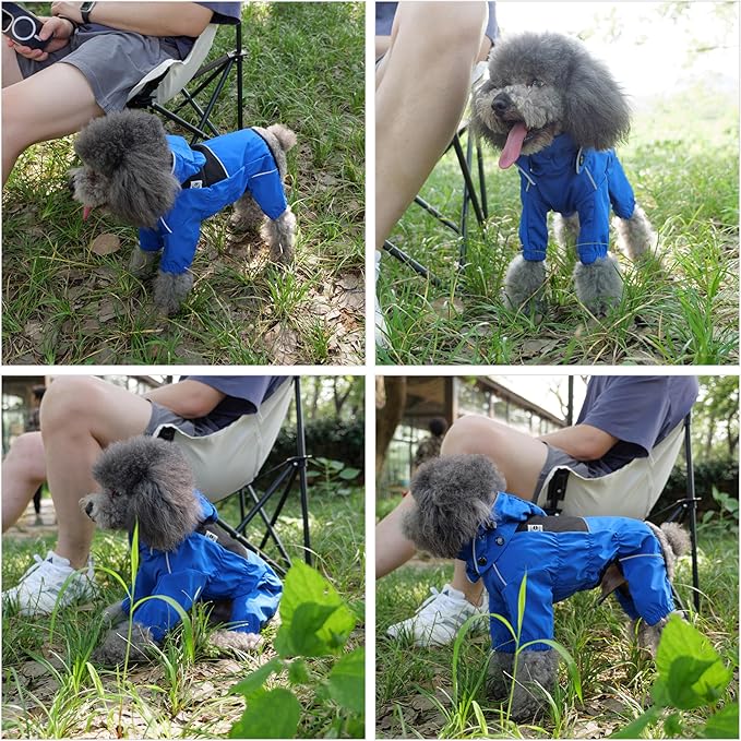 LOVELONGLONG Waterproof Dog Raincoat with Removable Hood – Outdoor Full Body Dog Jacket, Windproof Snowproof Shell Suit – All Season Pet Rain Gear Blue S