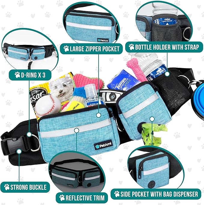 PetAmi Hands Free Dog Leash, Dog Running Leash Belt Bag for Walking, Jogging, Dog Waist Double Zipper Pouch with Poop Bag Dispenser, Dual Padded Handles Reflective Bungee Leash, Double (Turquoise)