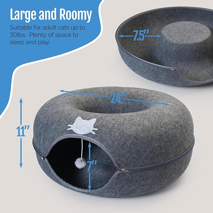 Meow Mansion Large Cat Cave Donut - Cat Tunnel; up to 30lbs - 3 Toy Balls & Hanging Ball Included - Scratch Resistant, Detachable and Cleanable Cat Donut Bed