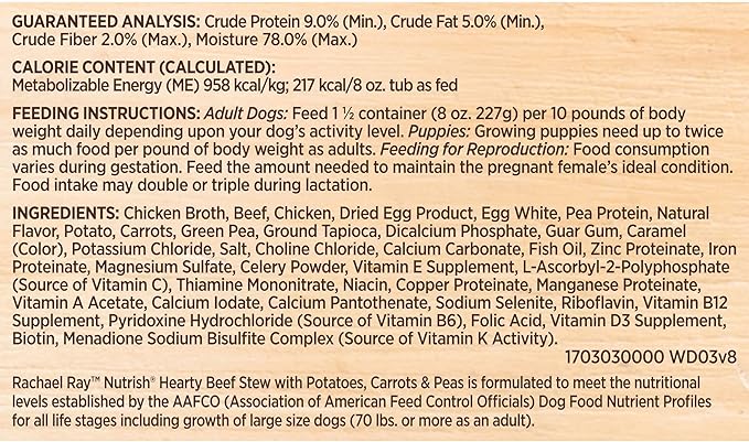 Rachael Ray Nutrish Wet Dog Food Hearty Beef Stew, 8 oz. Tub, 8 Count