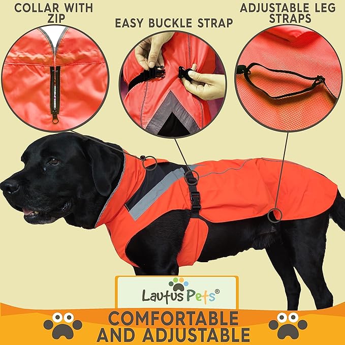 Dog Rain Coat - Waterproof, Reflective, Bright Orange with Leash Hole (L, Orange)