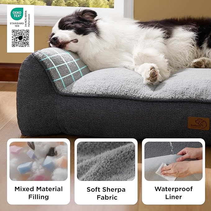 Bedsure XL Plus Orthopedic Dog Beds Large Sized Dog - Extra Thick Supportive Dogs Couch with Waterproof Washable Cover, Jumbo Comfort Pet Bed Sofa with Soft Plush Sherpa and Nonskid Bottom, Grey, 48"