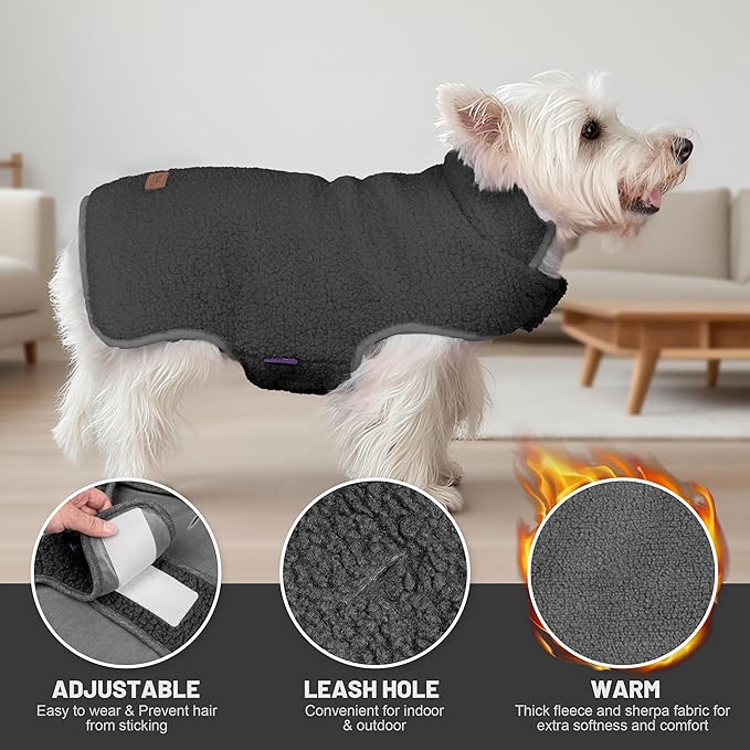 cyeollo Small Dog Coat, Sherpa Dog Winter Coat Reversible Fleece Doggie Jackets Doggy Sweater for Small Dogs Male with Leash Hole, Soft Cold Weather Pet Clothes, Dark Grey M