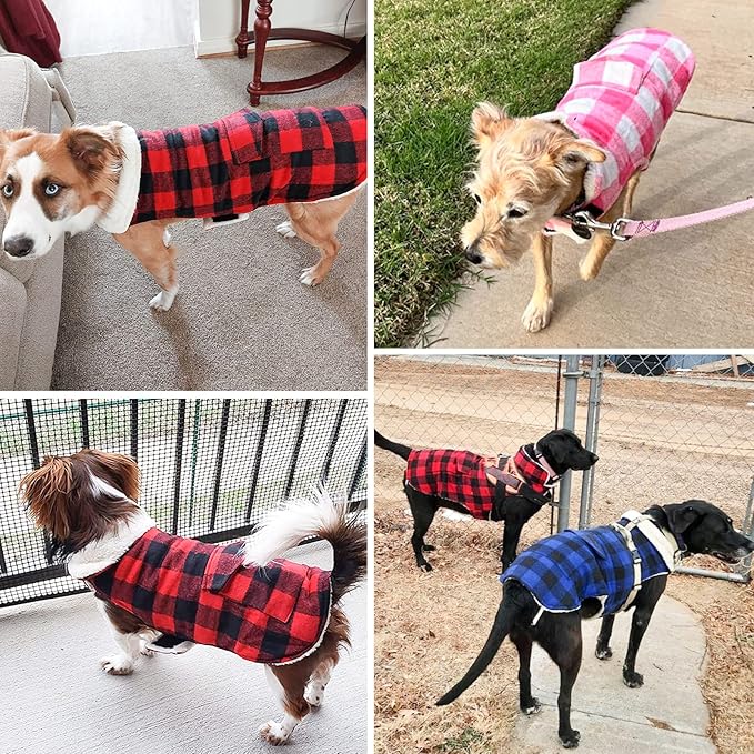 Malier Winter Coat for Dogs - Classic Plaid Fleece Cold Weather Jacket With Pocket, Windproof Warm Vest Clothes for Small Medium Large Dogs (Red, Medium)