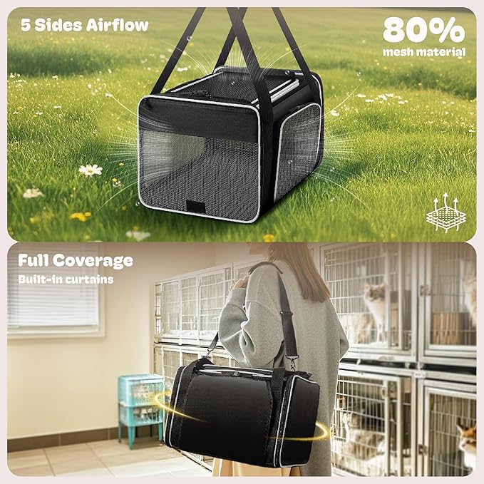 Top and 2 Sides Expandable Cat Carrier 17x11x11, TSA Airline Approved Dog Carriers for Medium Dogs, Soft-Sided Pet Carrier with Self-Locking Zippers for Kitten,Rabbit, Puppy, Guinea Pig Black White