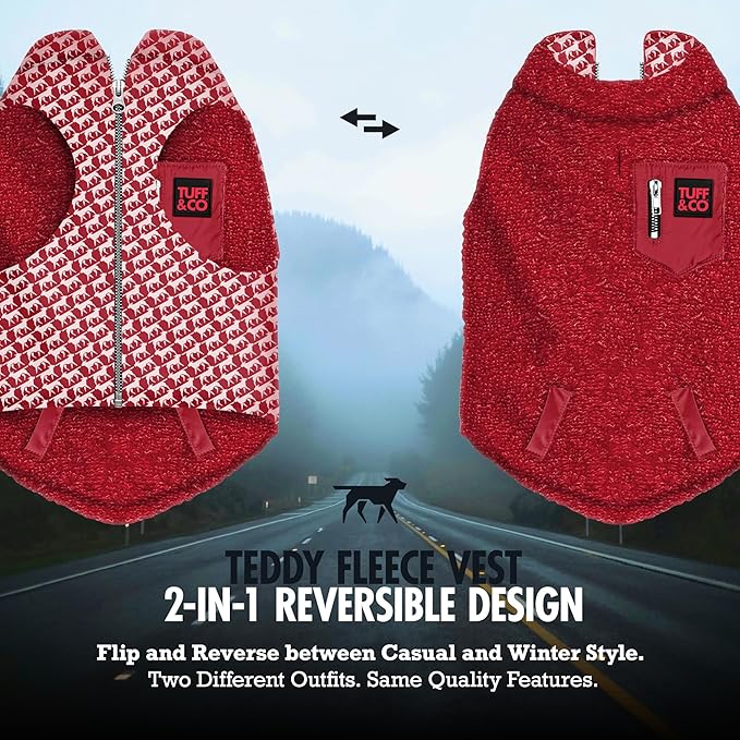 Tuff Pupper Reversible Fleece Sweater Vest for Dogs | Lightweight Comfortable Insulated Jacket | Front Zip Closure | Machine Washable | Built-in Leash Hole | Sizes for All Breeds (Medium, Red)
