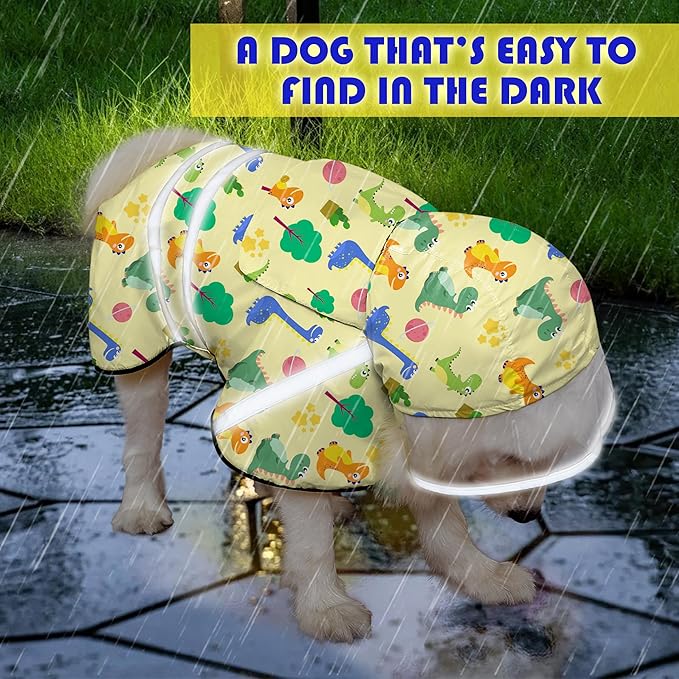 Dog Raincoat, Adjustable Rain Jacket with Hooded Double Layer for Large Medium Small Dogs Puppies, Lightweight Waterproof Rain Coat Poncho with Reflective Stripe Dinosaurs Yellow,XXL