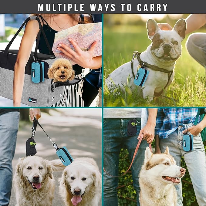 PetAmi Dog Poop Bag Holder for Leash Attachment, Doggie Zipper Pouch Soft Fabric Poop Bag Carrier, Dog Pet Waste Bag Dispenser with Carabiner Clip, 1 Roll of Dog Trash Bag (Blue, 1 Pack)