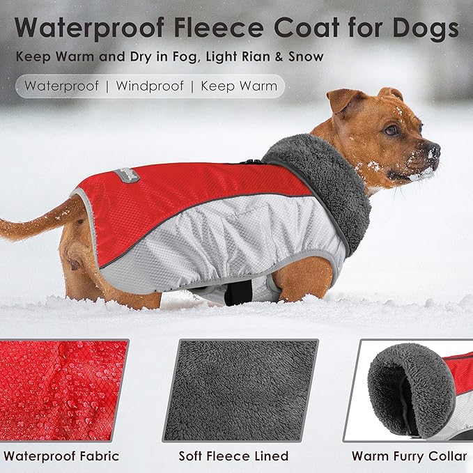 Dog Coat, Waterproof Ripstop Dog Winter Jacket with Leash Hole, Reflective Adjustable Warm Pet Fleece Snow Sweater for Small Medium Large Dogs - Red, 2XL