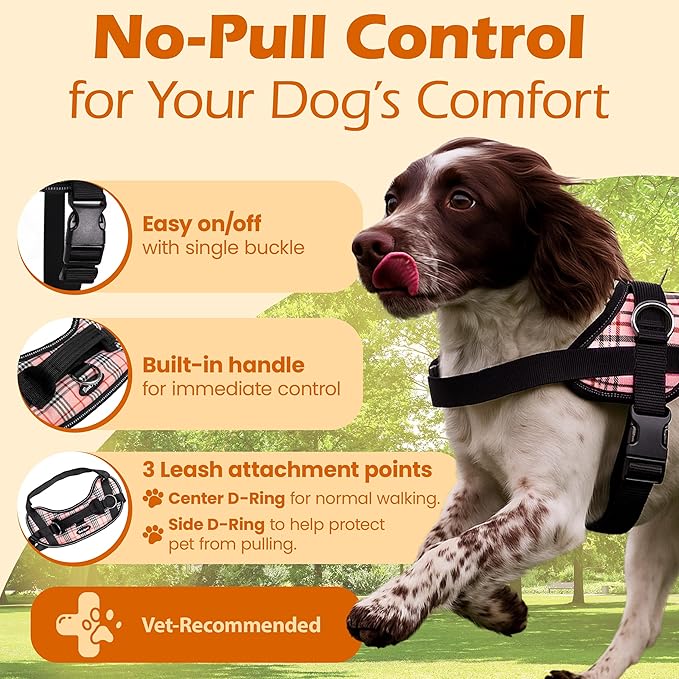 Bark Appeal Pink Plaid No-Pull Dog Harness for Small to Medium Sized Pets – Adjustable, Reflective Vest with 3 Leash Clips for Added Control, Easy Walks & Training – Medium