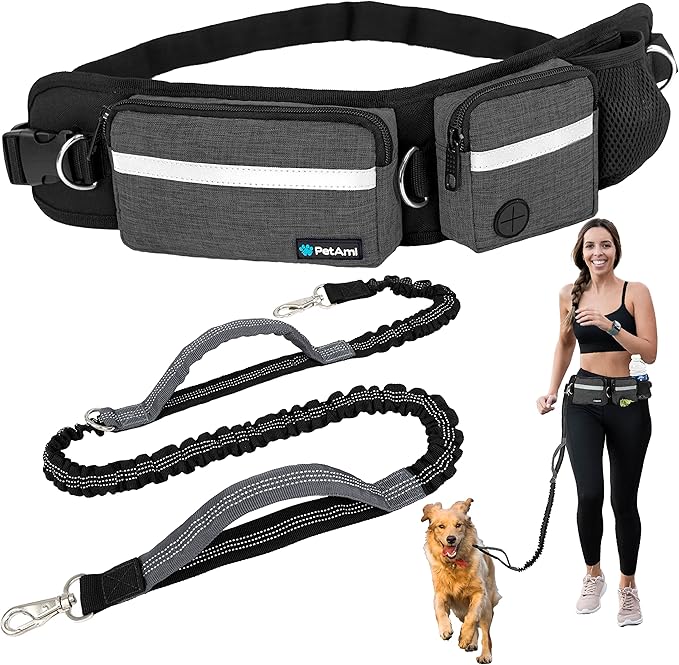 PetAmi Hands Free Dog Leash, Dog Running Leash Belt Bag for Walking, Jogging, Dog Waist Double Zipper Pouch with Poop Bag Dispenser, Dual Padded Handles Reflective Bungee Leash, Single (Charcoal Grey)