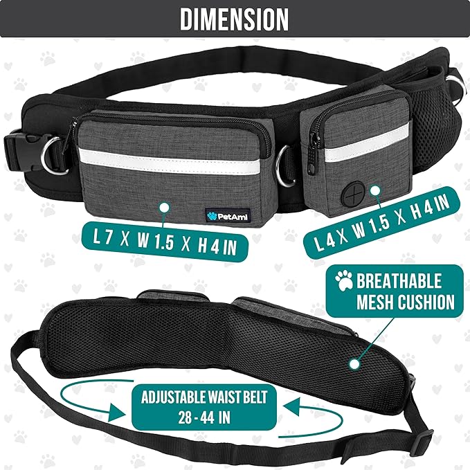 PetAmi Hands Free Dog Leash, Dog Running Leash Belt Bag for Walking, Jogging, Dog Waist Double Zipper Pouch with Poop Bag Dispenser, Dual Padded Handles Reflective Bungee Leash, Single (Charcoal Grey)