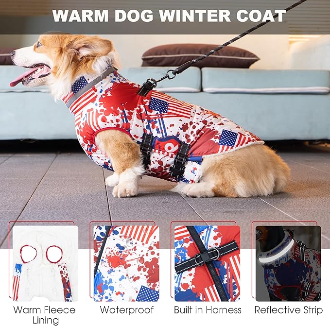 Large Dog Coat with Harness Built-in, Waterproof Reflective Fleece Lined - Warm Windproof Winter Jacket with Back Zipper, Cold Weather Snow Dog Coats - American Flag - XL